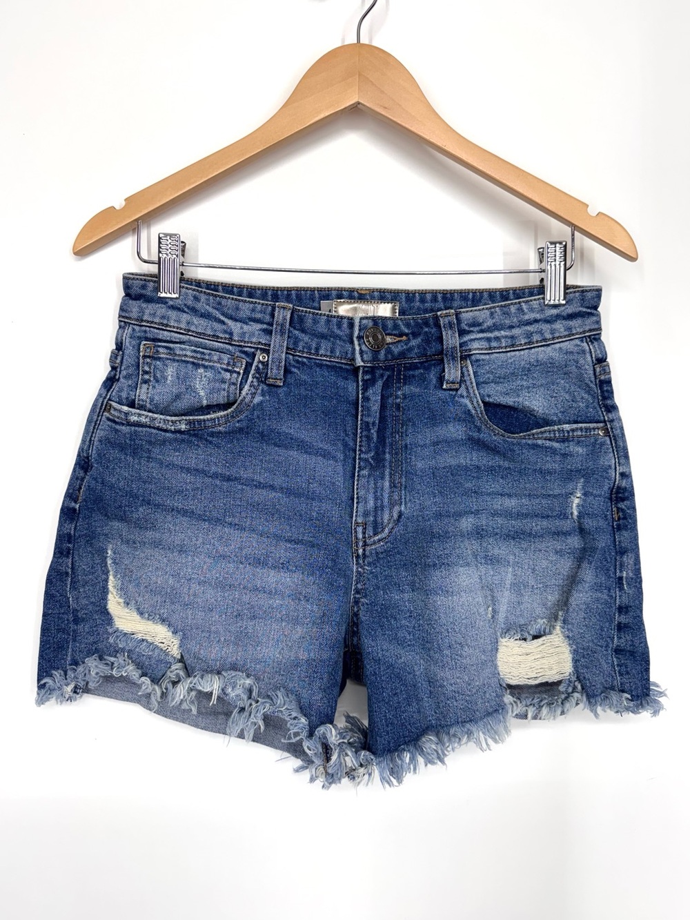 Kut From The Kloth High Waisted Distressed Blue Denim Fringe Hem Jean Shorts